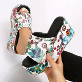 Purpdrank - White Patchwork Printing Round Out Door Wedges Shoes (Heel Height 2.36in)