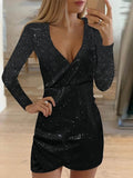 Purpdrank - Women‘s Formal Party Dress Sequin Dress Holiday Dress Mini Dress Black Gold Long Sleeve Pure Color Sequins Winter Fall Spring V Neck Fashion Winter Dress Birthday 2023 S M L XL XXL