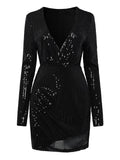 Purpdrank - Women‘s Formal Party Dress Sequin Dress Holiday Dress Mini Dress Black Gold Long Sleeve Pure Color Sequins Winter Fall Spring V Neck Fashion Winter Dress Birthday 2023 S M L XL XXL