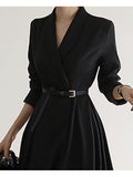 Purpdrank - Women‘s Work Dress Blazer Dress And Jacket Set Black Dress Midi Dress Black Long Sleeve Pure Color With Belt Winter Fall Spring Shirt Collar Fashion Wedding Winter Dress Office 2023