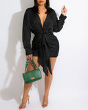 Purpdrank - Satin Button Front Ruched Belted Shirt Dress