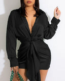Purpdrank - Satin Button Front Ruched Belted Shirt Dress