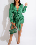Purpdrank - Satin Button Front Ruched Belted Shirt Dress