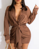Purpdrank - Satin Button Front Ruched Belted Shirt Dress