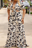 Purpdrank - White Casual Daily Floral Bandage Patchwork Printing Stringy Selvedge Smocking V Neck Half Sleeve Two Pieces