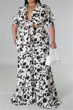 Purpdrank - White Casual Daily Floral Bandage Patchwork Printing Stringy Selvedge Smocking V Neck Half Sleeve Two Pieces