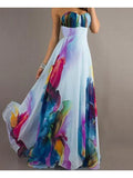 Purpdrank - Women's Maxi White Dress Sexy Summer Vacation Beach Chiffon Swing Floral Strapless Print High Waist