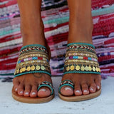 Purpdrank - Women's Sandals Boho Bohemia Beach Flat Sandals Outdoor Slippers Outdoor Daily Beach Summer Sequin Flat Heel Open Toe Vintage Casual Minimalism Polyester Loafer Striped Black Red Green