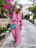 Purpdrank - Women's Swing Dress Maxi Long Dress 3/4 Length Sleeve Geometric Print Spring Summer Boho Flare Cuff Sleeve Blushing Pink Green