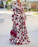 Purpdrank - High Waist Romantic Red Shirt Long Skirt Chiffon Printing Large Swing Long Skirt
