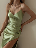 Purpdrank - Women‘s Satin Dress Midi Dress Champagne Sleeveless Pure Color Split Ruched Spring Summer V Neck Stylish Elegant Sexy S M L XL