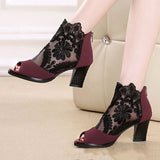 Purpdrank - Women's Boots Sandals Boots Summer Boots Booties Ankle Boots Lace Chunky Heel Peep Toe Vintage Business Sexy Lace Zipper Floral Color Block Black Burgundy