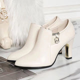 Purpdrank - Women's Heels Office Chunky Heel Pointed Toe PU Leather Zipper Black Beige