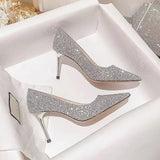 Purpdrank - Women's Heels Wedding Shoes Dress Shoes Stilettos Wedding Party Daily Sequin High Heel Pointed Toe Elegant Classic Glitter Loafer Solid Color Solid Colored Silver Gold
