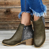 Purpdrank - Women's Boots Riding Boots Plus Size Work Boots Outdoor Work Daily Rhinestone Crystal High Heel Chunky Heel Round Toe Vintage Casual Comfort Walking Shoes PU Loafer Solid Color Black Dark Green Khaki
