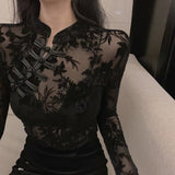 Purpdrank - Girls Transparent Lace Blouses Shirts Tees Female Chinese Style Turtleneck Vintage Full Sleeve Black Blouses Tops For Women