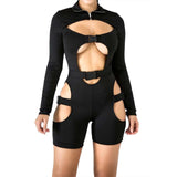 Purpdrank - Women Bodycon Buckle Cut Out Biker Romper Sexy Long Sleeves Hollowing Out Clubwear Bodysuit Short Jumpsuit Pants