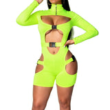 Purpdrank - Women Bodycon Buckle Cut Out Biker Romper Sexy Long Sleeves Hollowing Out Clubwear Bodysuit Short Jumpsuit Pants