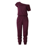 Purpdrank - Spring And Summer Fashion Women Slant Shoulder Casual Pocket Jumpsuit Short Sleeve New Solid Bodysuits Women Rompers