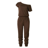 Purpdrank - Spring And Summer Fashion Women Slant Shoulder Casual Pocket Jumpsuit Short Sleeve New Solid Bodysuits Women Rompers