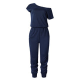 Purpdrank - Spring And Summer Fashion Women Slant Shoulder Casual Pocket Jumpsuit Short Sleeve New Solid Bodysuits Women Rompers