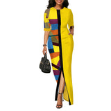 Purpdrank - Ladies Fashion Half Sleeve Dress Women Elegant Round Collar Geometric Printing Splicing Temperament Maxi Dress For Ball Party