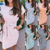 Purpdrank - Casual Stripe Women Tshirt Dress Elegant O Neck Short Sleeve Sashes Pocket Black Pink Sundress Cotton Summer Midi Dress