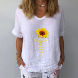 Purpdrank - Elegant Linen Cotton Women Loose Shirt Summer V Neck Short Sleeve Blouse Shirts Casual Floral Print Ladies Tops Blusa Pullovers