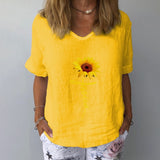 Purpdrank - Elegant Linen Cotton Women Loose Shirt Summer V Neck Short Sleeve Blouse Shirts Casual Floral Print Ladies Tops Blusa Pullovers