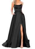 Purpdrank - Women's Halter Satin Long Prom Dresses with Pockets Criss Cross Open Back Side Slit Dinner Party Dresses