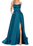 Purpdrank - Women's Halter Satin Long Prom Dresses with Pockets Criss Cross Open Back Side Slit Dinner Party Dresses