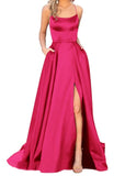 Purpdrank - Women's Halter Satin Long Prom Dresses with Pockets Criss Cross Open Back Side Slit Dinner Party Dresses