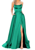 Purpdrank - Women's Halter Satin Long Prom Dresses with Pockets Criss Cross Open Back Side Slit Dinner Party Dresses