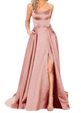 Purpdrank - Women's Halter Satin Long Prom Dresses with Pockets Criss Cross Open Back Side Slit Dinner Party Dresses