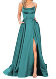 Purpdrank - Women's Halter Satin Long Prom Dresses with Pockets Criss Cross Open Back Side Slit Dinner Party Dresses