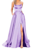 Purpdrank - Women's Halter Satin Long Prom Dresses with Pockets Criss Cross Open Back Side Slit Dinner Party Dresses