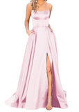 Purpdrank - Women's Halter Satin Long Prom Dresses with Pockets Criss Cross Open Back Side Slit Dinner Party Dresses