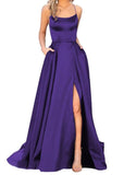 Purpdrank - Women's Halter Satin Long Prom Dresses with Pockets Criss Cross Open Back Side Slit Dinner Party Dresses