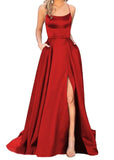 Purpdrank - Women's Halter Satin Long Prom Dresses with Pockets Criss Cross Open Back Side Slit Dinner Party Dresses