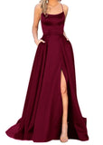 Purpdrank - Women's Halter Satin Long Prom Dresses with Pockets Criss Cross Open Back Side Slit Dinner Party Dresses