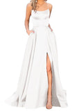 Purpdrank - Women's Halter Satin Long Prom Dresses with Pockets Criss Cross Open Back Side Slit Dinner Party Dresses