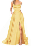 Purpdrank - Women's Halter Satin Long Prom Dresses with Pockets Criss Cross Open Back Side Slit Dinner Party Dresses