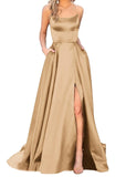 Purpdrank - Women's Halter Satin Long Prom Dresses with Pockets Criss Cross Open Back Side Slit Dinner Party Dresses