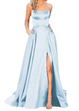 Purpdrank - Women's Halter Satin Long Prom Dresses with Pockets Criss Cross Open Back Side Slit Dinner Party Dresses