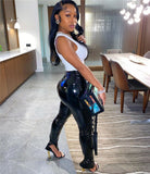 Purpdrank - Fall Winter Black PU Leather Pants Zipper Split Bottom Mid Waist Stretchy Tights Pencil Pants Women Trousers