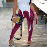 Purpdrank - Fall Winter Black PU Leather Pants Zipper Split Bottom Mid Waist Stretchy Tights Pencil Pants Women Trousers