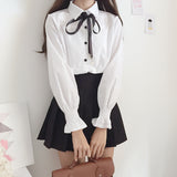 Purpdrank - New Cute Bow College Wind Shirt Female Flare Sleeve Women Blouse Harajuku Uniform Shirt Lace Up White Blouses Woman Tops