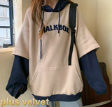 Purpdrank - Hoodies Women Plus Velvet Thicker Korean BF Ulzzang Embroidery Letter Long Loose Pullovers Hooded Warm Students Daily Womens New