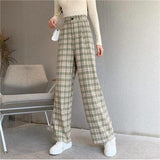 Purpdrank - Simple Vintage Plaid Causal Long Women Pants Street Fashion Straight Wide Leg Pant