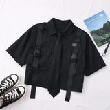 Purpdrank - Autumn Streetwear Pants High-Waist Straight Ribbon Cargo Pants Student Loose Short-Sleeved Shirt with Tie two-piece Set